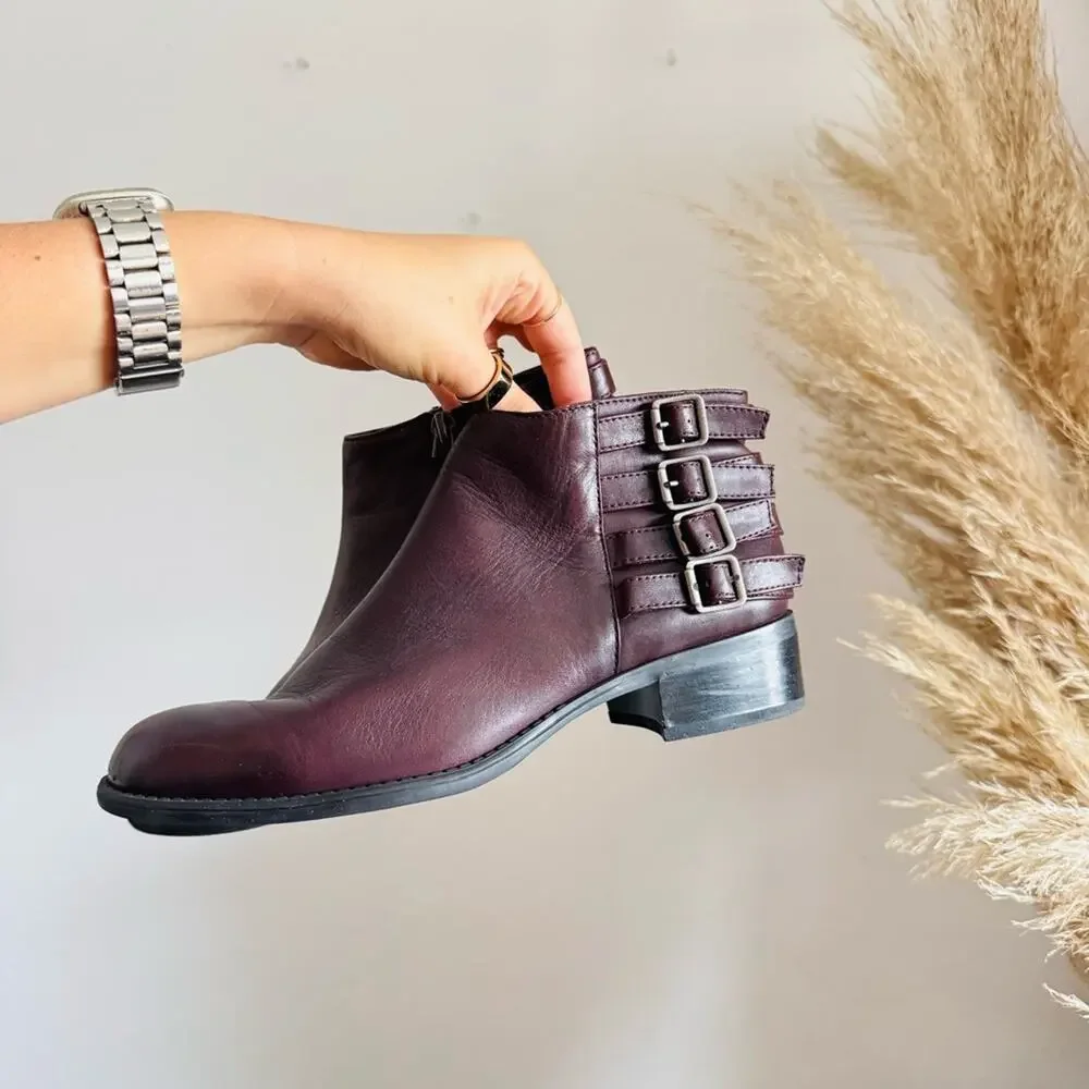 FRANCO SARTO Black Plum Purple Buckle $195 Low Ankle Boots Booties Shoes 8.5